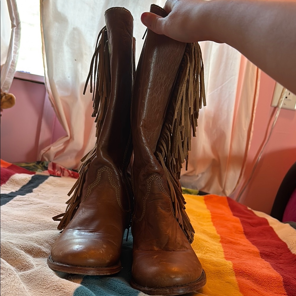 LIBERTY Black Brown Heeled Fringe Boots